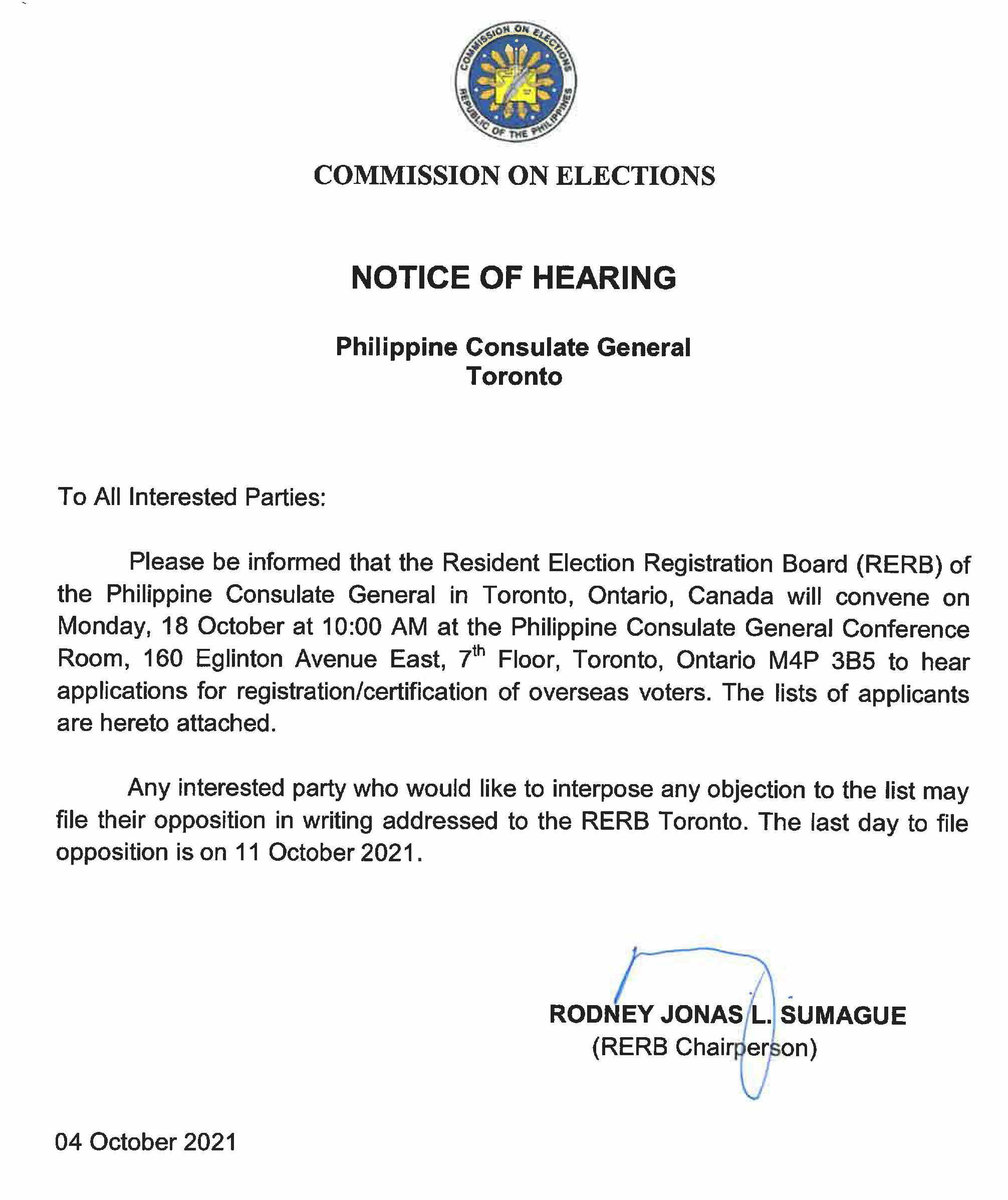notice of hearing