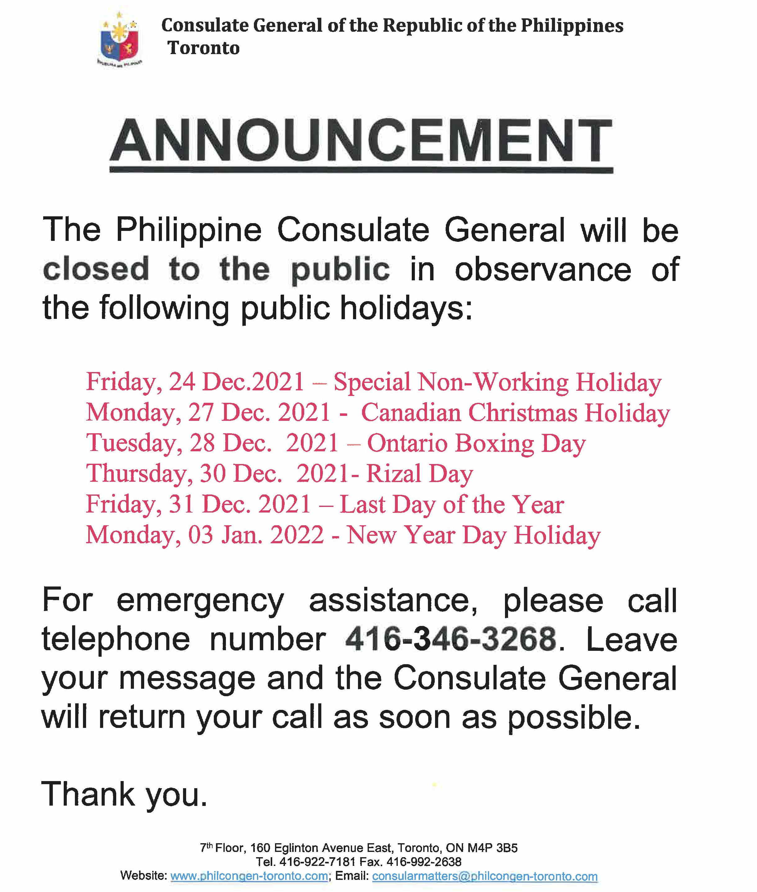 Announcements The Philippine Consulate General Toronto, Canada