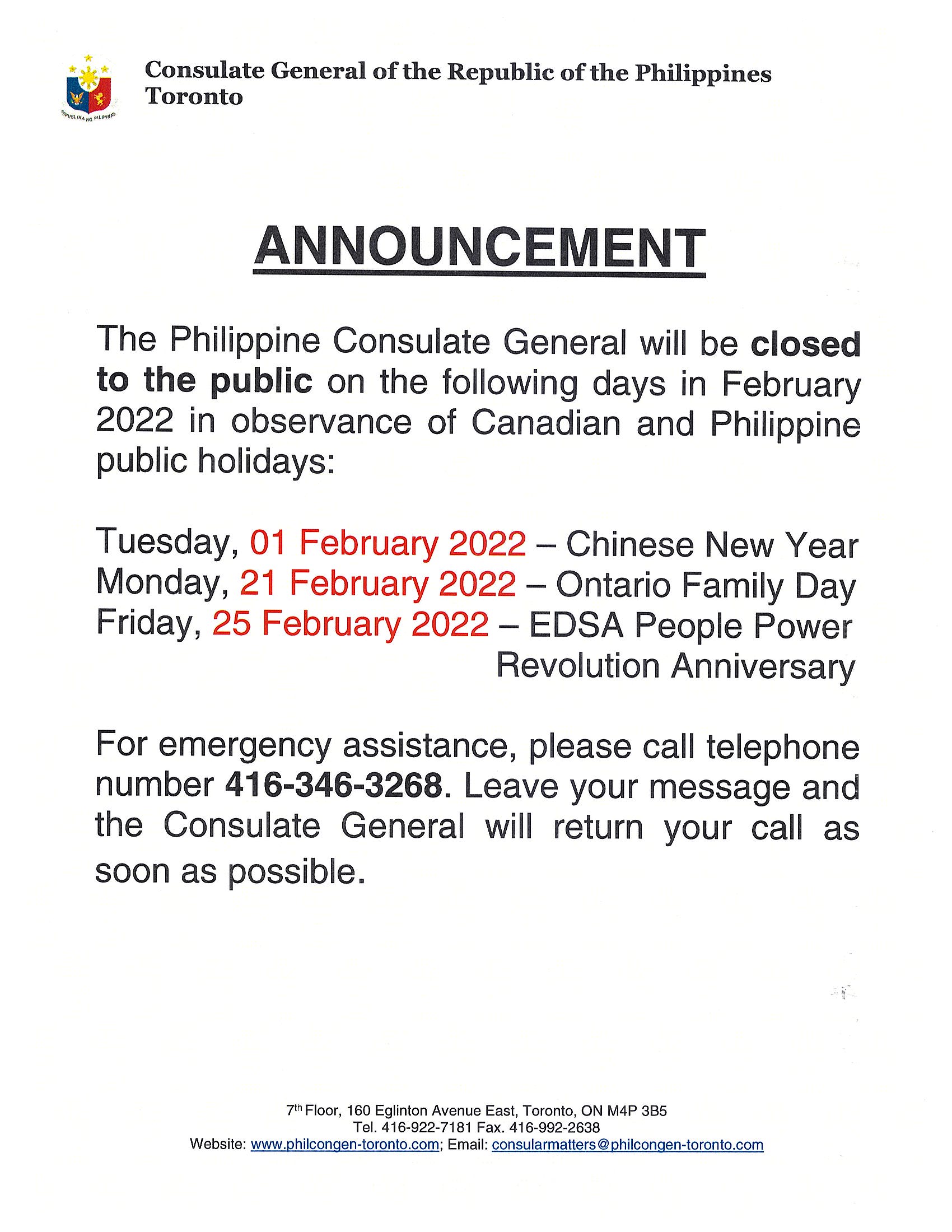 Announcements The Philippine Consulate General Toronto Canada