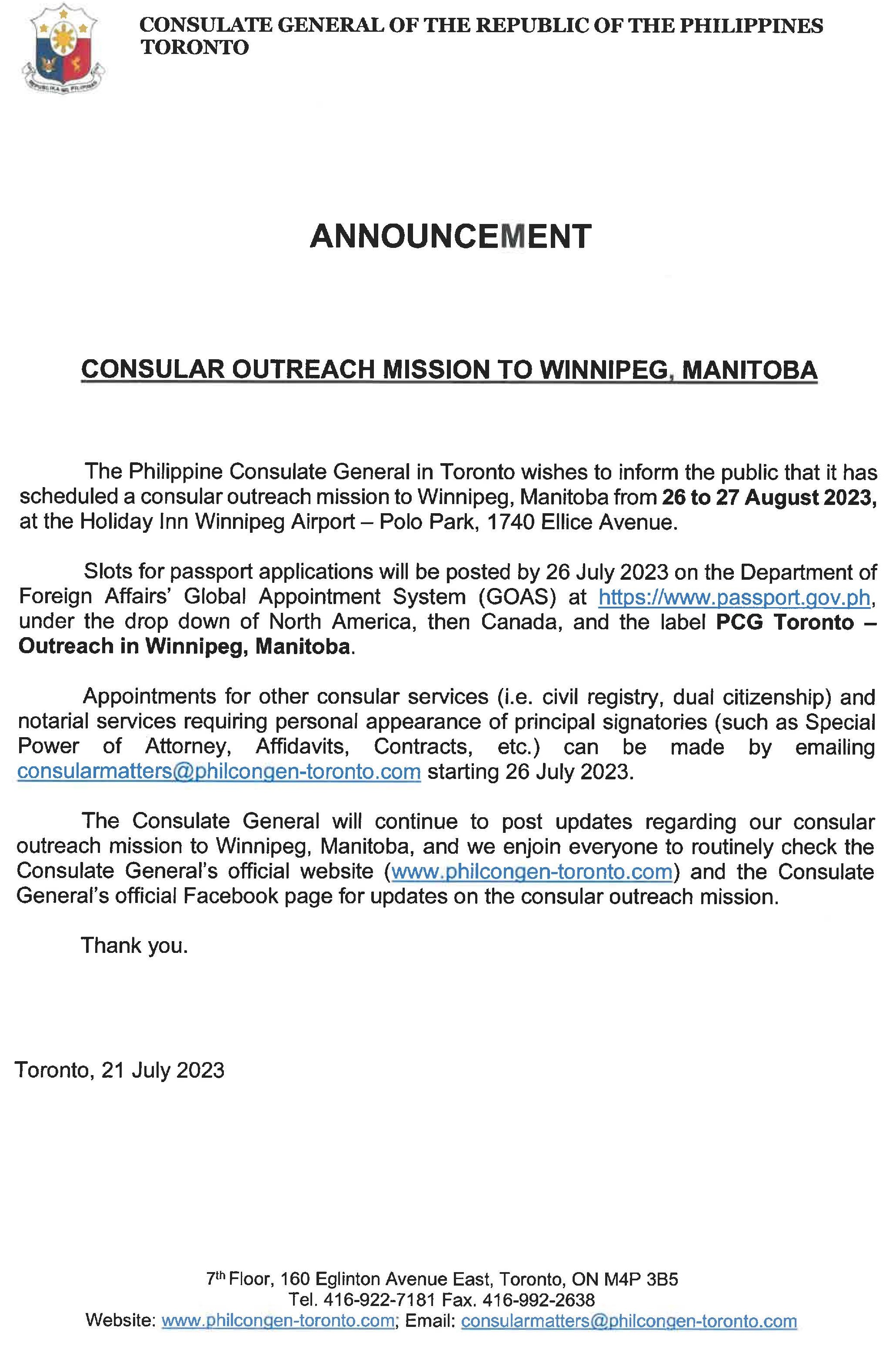 CONSULAR OUTREACH WINNIPEG