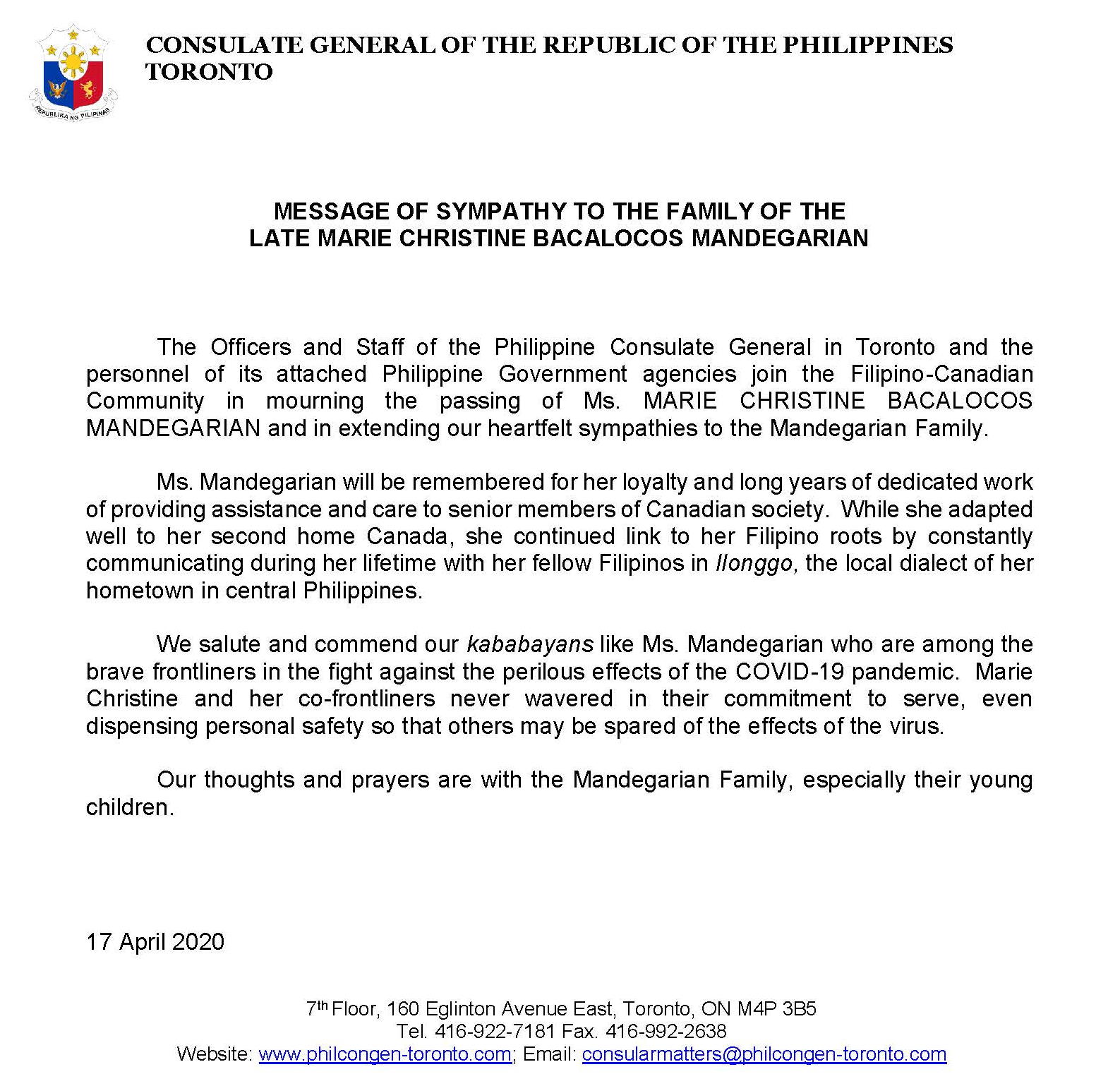 Announcements The Philippine Consulate General Toronto Canada