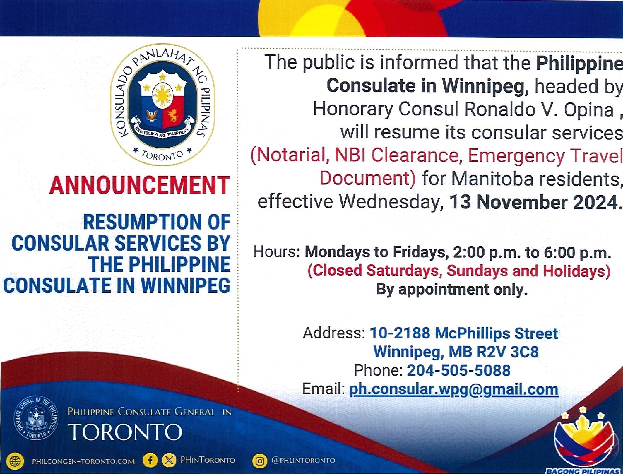 RESUMPTION OF WINNIPEG CONSULAR SERVICE